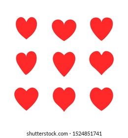 Vector hearts icons set isolated on white background. Red hearts