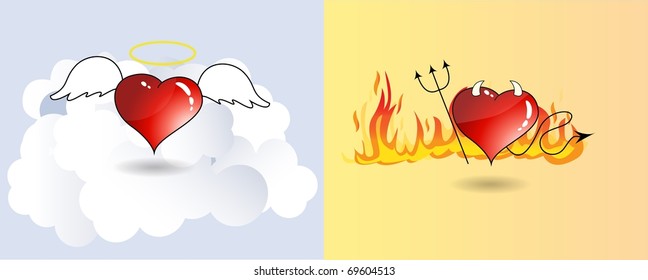 Vector Hearts illustration as Angel and devil. Clouds and fire at the background.