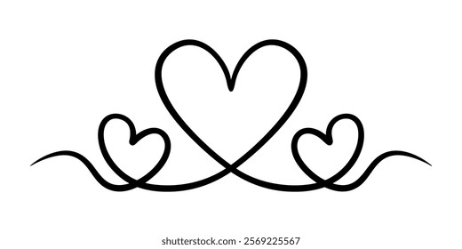 Vector hearts illustration in continuous one line drawing. Graphic monochrome hand drawn heart outline sketch, ink illustration. Design element for wedding invitation, Valentines day, tattoo