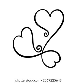 Vector hearts illustration in continuous one line drawing. Graphic monochrome hand drawn heart outline sketch, ink illustration. Design element for wedding invitation, Valentines day, tattoo