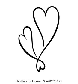 Vector hearts illustration in in continuous one line drawing. Graphic monochrome hand drawn heart outline sketch, ink illustration. Design element for wedding invitation, Valentines day, tattoo