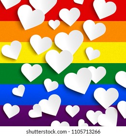 Vector hearts illustration on rainbow background, LGBT love celebration