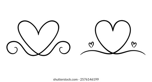 Vector hearts illustrations in continuous one line drawing. Graphic monochrome hand drawn heart outline sketch, ink illustrations set. Design element for wedding invitation, Valentines day, tattoo