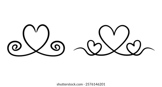 Vector hearts illustrations in continuous one line drawing. Graphic monochrome hand drawn heart outline sketch, ink illustrations set. Design element for wedding invitation, Valentines day, tattoo