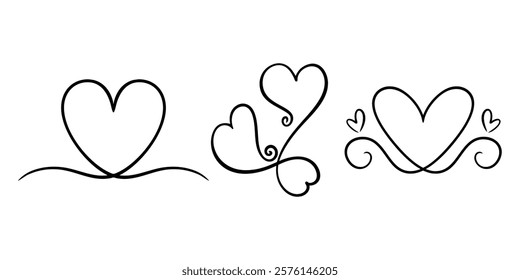 Vector hearts illustrations in continuous one line drawing. Graphic monochrome hand drawn heart outline sketch, ink illustrations set. Design element for wedding invitation, Valentines day, tattoo