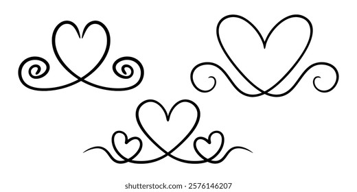 Vector hearts illustrations in continuous one line drawing. Graphic monochrome hand drawn heart outline sketch, ink illustrations set. Design element for wedding invitation, Valentines day, tattoo