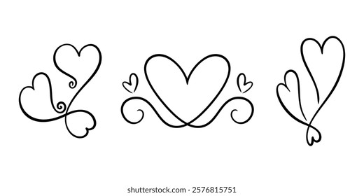 Vector hearts illustrations in continuous one line drawing. Graphic monochrome hand drawn heart outline sketch, ink illustrations set. Design element for wedding invitation, Valentines day, tattoo