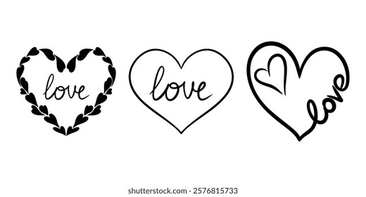 Vector hearts illustrations with love lettering, line drawing. Graphic monochrome hand drawn heart outline sketch, ink illustrations set. Design element for wedding invitation, Valentines day, tattoo