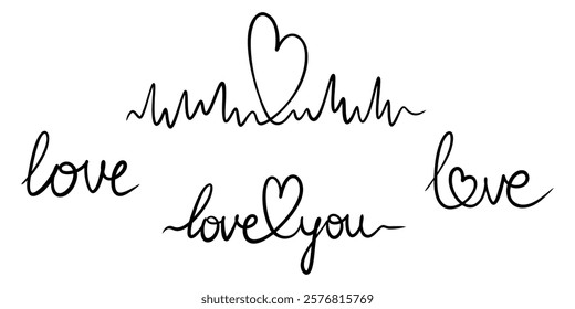 Vector hearts illustrations with love lettering, continuous one line drawing. Graphic monochrome heart outline sketch, ink illustrations set. Design element for wedding invitation, Valentines day