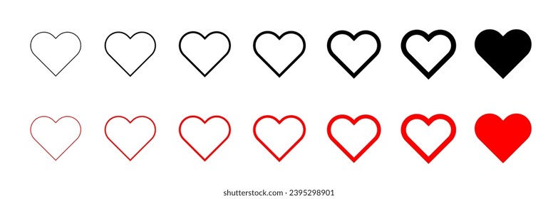 Vector hearts isolated on white. Hearts in linear and flat. Valentines day signs or symbols. Vector illustration