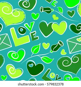 Vector hearts love Handmade Paper in blue and green colors. Valentine day seamless pattern. Abstract Valentines day background.