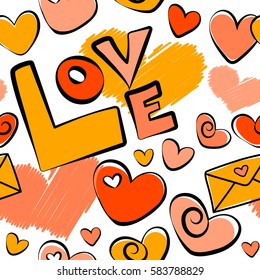 Vector hearts love Handmade Paper in orange and yellow colors. Valentine day seamless pattern on a white background. Abstract Valentines day background.