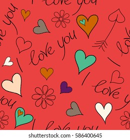 Vector hearts love Handmade Paper in purple, beige and pink colors. Valentine day seamless pattern. Abstract Valentines day background.