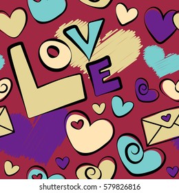 Vector hearts, love letter and love text. Pattern with hearts. Valentines Day background in purple and red colors.