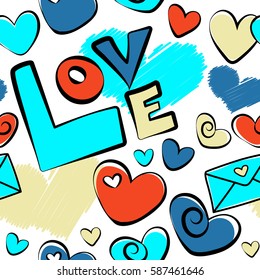 Vector hearts and love seamless pattern in orange, beige and blue colors. Vector doodle illustration on white background. Holiday background.