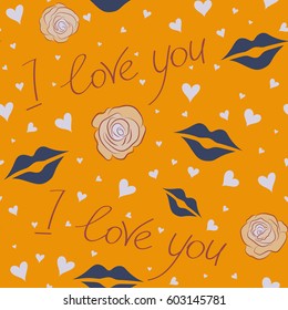 Vector hearts and love seamless pattern. St Valentine day pattern with hand drawn hearts, flower and love text in yellow and red colors. Design for Valentines day greeting love card.