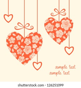 Vector hearts made from small flowers of doodles. Romantic hand drawn cute background. Original greeting card Valentine's Day and wedding. Abstract illustration in pencil sketch style with text box