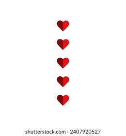 Vector hearts in one row of red color on a white background