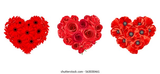 Vector hearts of red roses, gerbera and poppy flowers isolated on a white background.