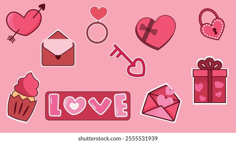 Vector hearts and romantic illustrations set on pastel pink color background. Cute St. Valentine's Day and weddings collection