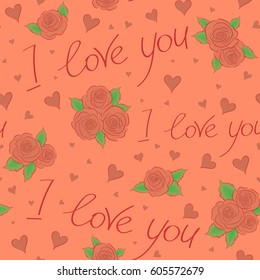 Vector hearts, rose flower, love letter and text seamless pattern. Valentines day background. Abstract love seamless pattern on a orange background.