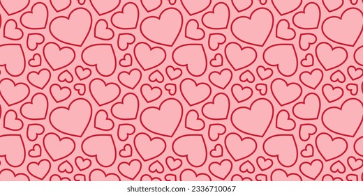 Vector hearts seamless pattern. Cute minimal valentines day background. Love romantic theme. Abstract texture with small outline red hearts on pink backdrop. Repeat design for wrapping, print, decor