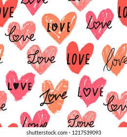 Vector hearts seamless pattern doodle set with word love lettering