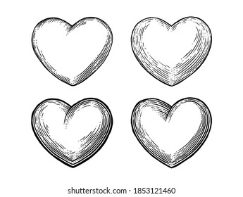 Vector hearts set. Black vintage engraving illustration isolated on a white background. Romantic and Valentine's Day concept. Vector illustration. 