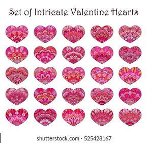 Vector Hearts Set. Collection of love symbols for Valentines Day greeting card or banner. Flourish design elements from intricate flower patterns. 