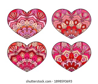 Vector Hearts set. Decorative mandala ornament. Intricate valentines collection for cards, t-shirt prints, gifts