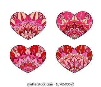 Corazones vectoriales. Ornamento decorativo de mandala. Colección de valentinas intrincadas para tarjetas, impresiones de camisetas, regalos