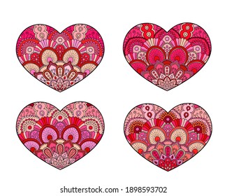 Vector Hearts set. Decorative mandala ornament. Intricate valentines collection for cards, t-shirt prints, gifts