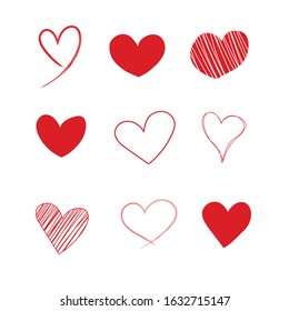 Vector hearts set. Hand draw doodle in red color for symbol, Valentine's day 