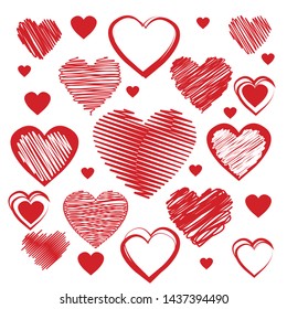 Vector hearts set. Hand drawn. Red drawings hearts.