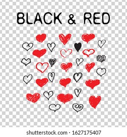 Vector hearts set. Hand drawn. Set of black heart and red icons, hand drawn icons and illustrations for valentines and weddings isolated on white background. 
