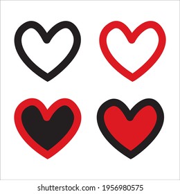 Vector hearts set. Hand drawn. black and red line