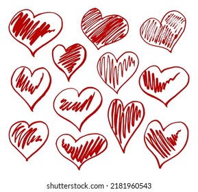 Vector hearts set. Hand drawn. Red drawings hearts.