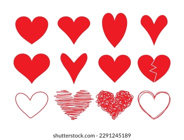 Vector hearts set. Hand drawn. Isolated on white background.