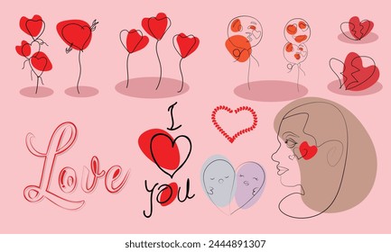 Vector hearts set, hand drawn love heart collection, couple doodle with red heart shape, Hand written style happy valentines day sign, love line art, I love you Vector, Valentine's day card.