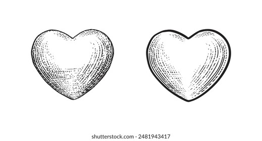 Corazones de Vector en estilo retro dibujado a mano. Ilustración de grabado vintage negro aislado sobre un fondo blanco. Para Web, póster, infografía.