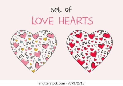 Vector hearts set. Happy Valentine Day pattern in the shape of heart. ?ute hand drawn hearts with angel wings and arrows. 