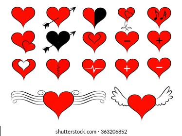 Vector hearts set illustration - red heart with wings, simple artistic hearts for icon, clip art, tattoo, wedding or valentines day on white isolated background. Koronczi symbol collection