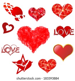 Vector hearts set on white background.