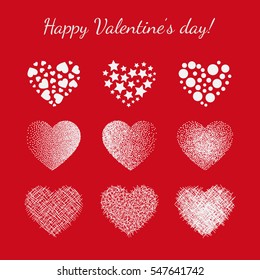 Vector hearts set.  Various templates for cards, valentines. Shape filled with objects - stars, dots, lines. Stylish textures, isolated on white background.