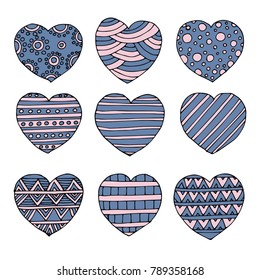 vector hearts set for wedding and valentine design in flat and doodle style for your web design.