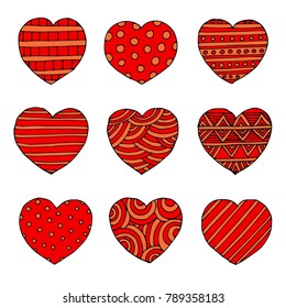 vector hearts set for wedding and valentine design in flat and doodle style for your web design.