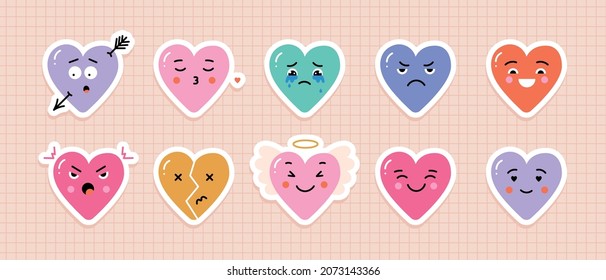 Vector hearts stickers with different face emotions. Cute cartoon characters for valentines day. Collection of comic elements in trendy cartoon style.