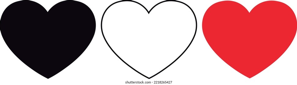 Vector hearts in three colors, red black and white.