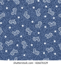 Vector Hearts. Valentine background. Jeans background with hearts and stars. Denim seamless pattern. Blue jeans cloth.