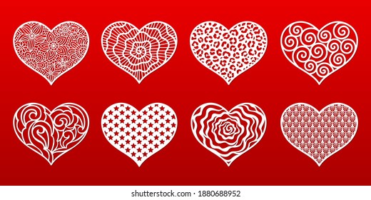 Vector hearts. Valentine's Day. Set. Paper cut templates with carved pattern. Decorative holiday love symbol. Stencils for laser, plotter cutting, printing on t shirts, card, wedding invitations.